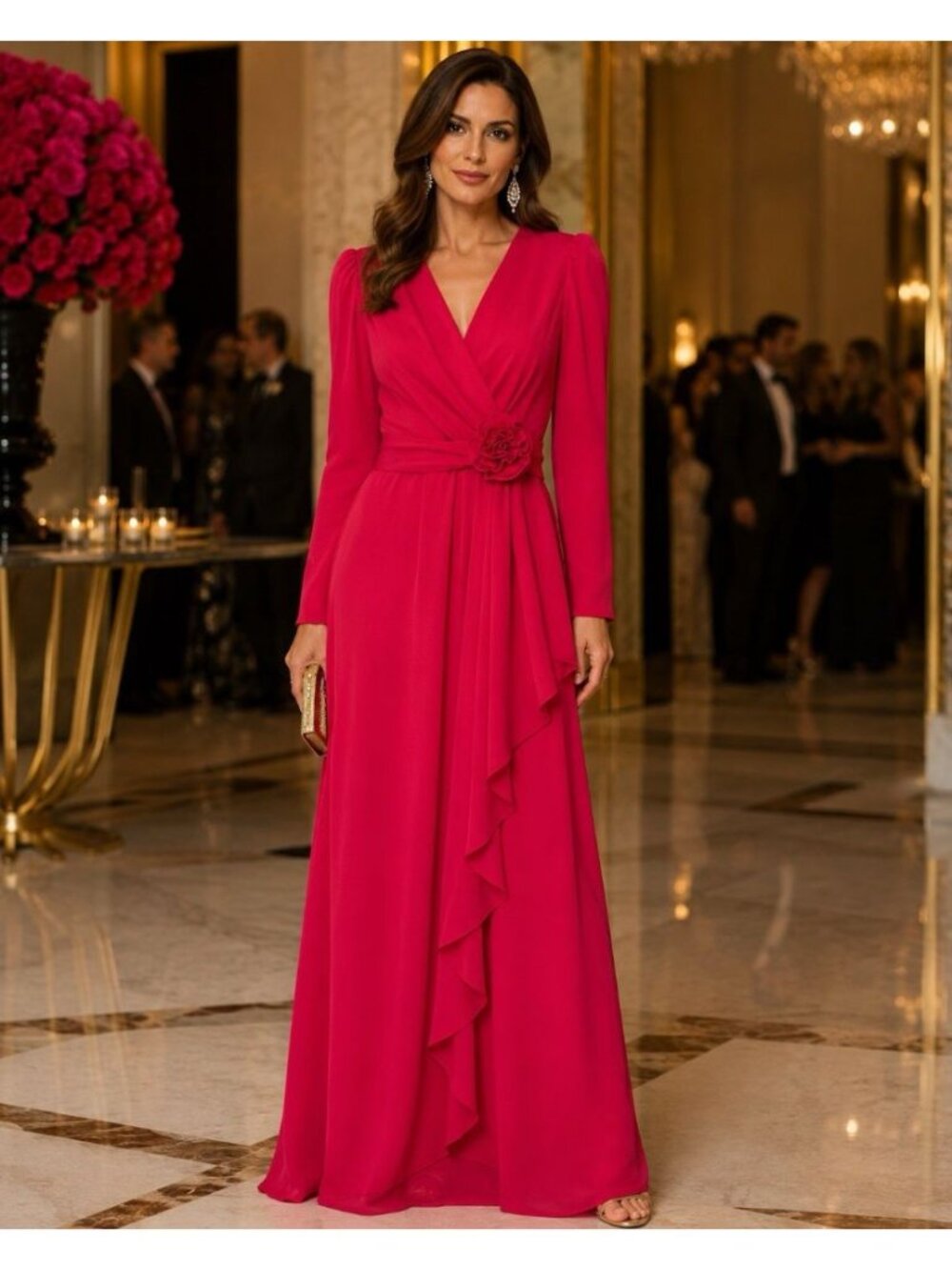 VTG 1970s Miss Elliette Flowy Evening Gown Maxi Dress 10 Fuchia Red Long Sleeve